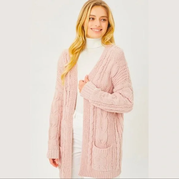 Warm Cozy Blush Pink Cable Knit Oversized Open Front Cardigan